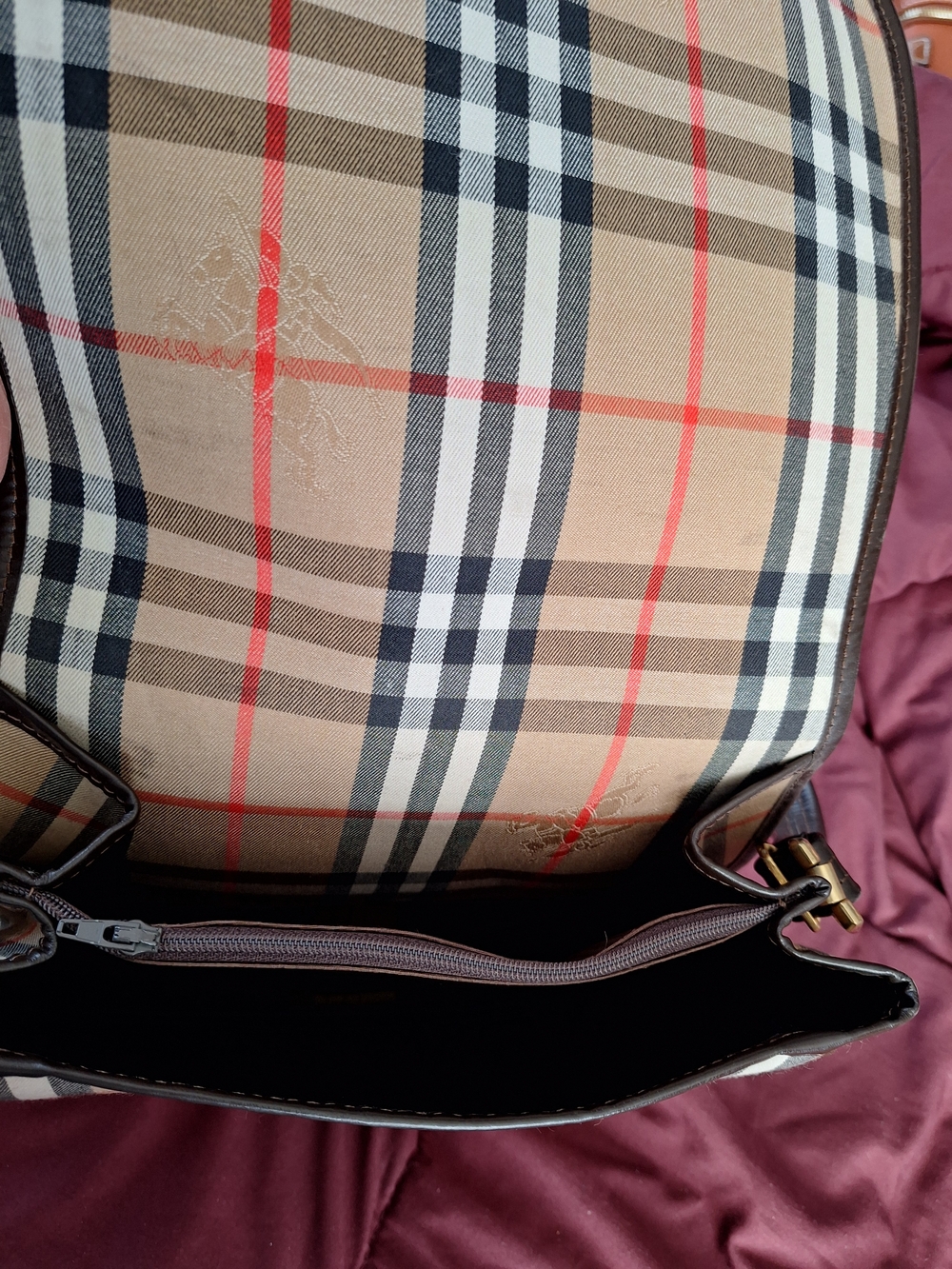 Vintage Plaid Leather Crossbody Bag - Tan, Black & Red- Burberry Lookalike - Picture 3 of 3